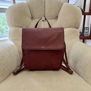 Auth FOSSIL Iconic CLAIRE Brown Grain Leather Backpack Purse